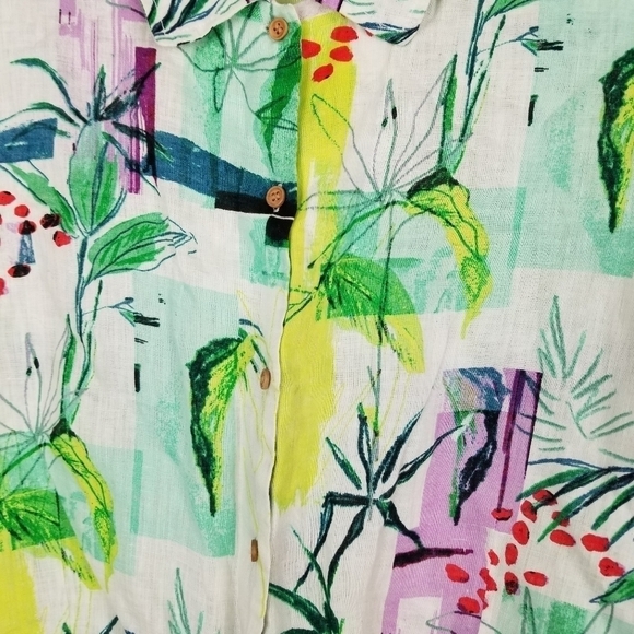 Sigrid Olsen Linen Top Blouse Large Short Sleeve Button Tie Tropical Cropped - Picture 5 of 9